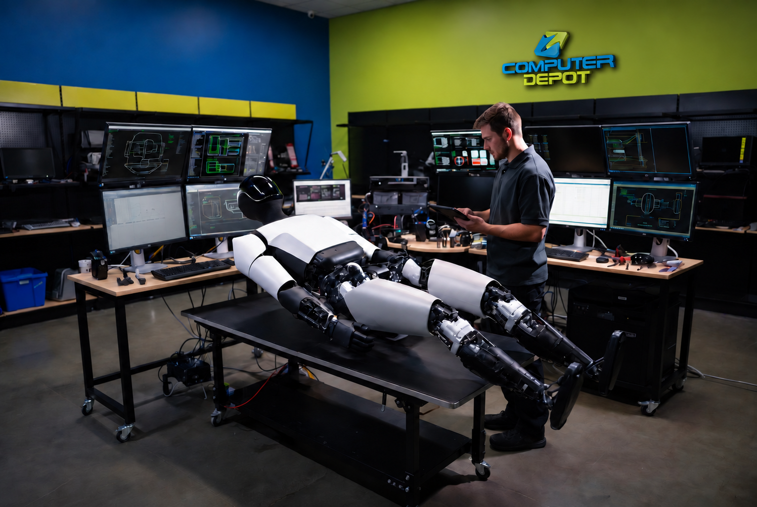 Robot workshop image with the updated blue and lime Computer Depot wall logo